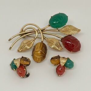 Vintage WRE Scarab Brooch Earrings Set 12K GF Etched Stones Mid Century